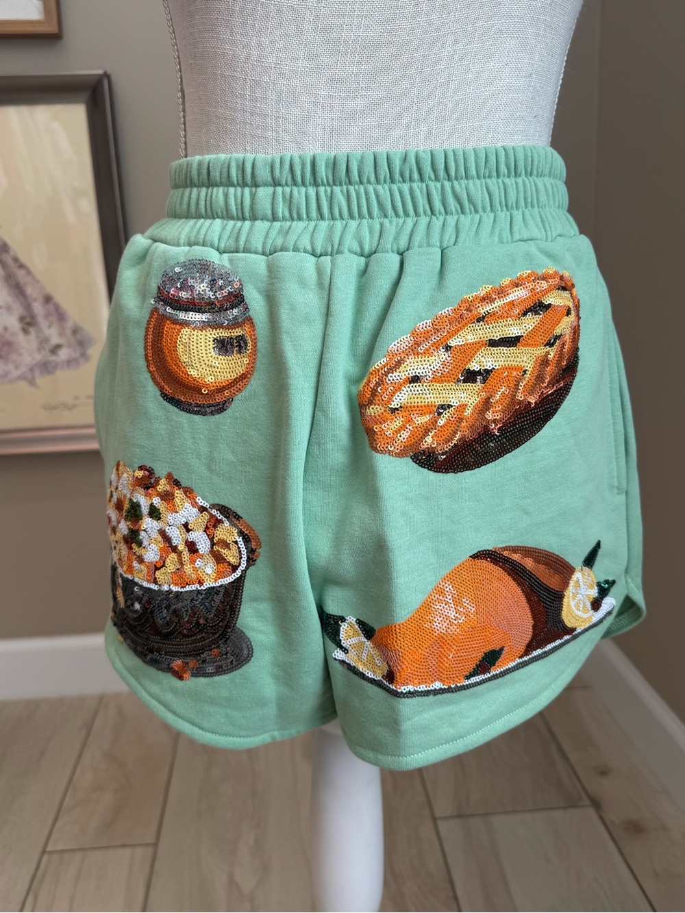 New! QUEEN OF SPARKLES Mint Green Sequin Queen of Turkey Shorts